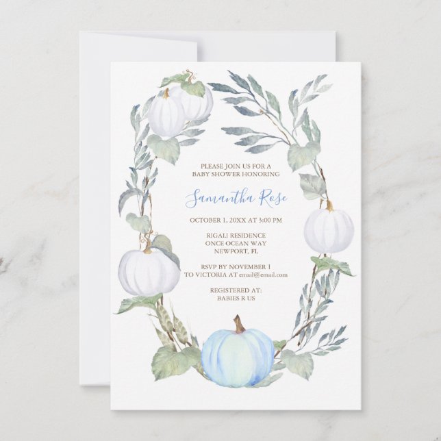 Blue and WHITE PUMPKIN Greenery BABY Shower Invite (Front)