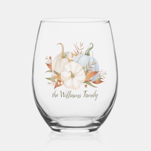 Blue and White Pumpkin Still Life Stemless Wine Glass