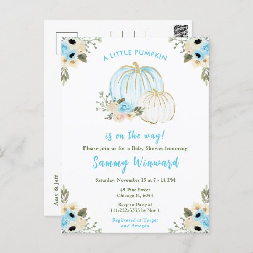 Blue and White Pumpkins Baby Shower Postcard