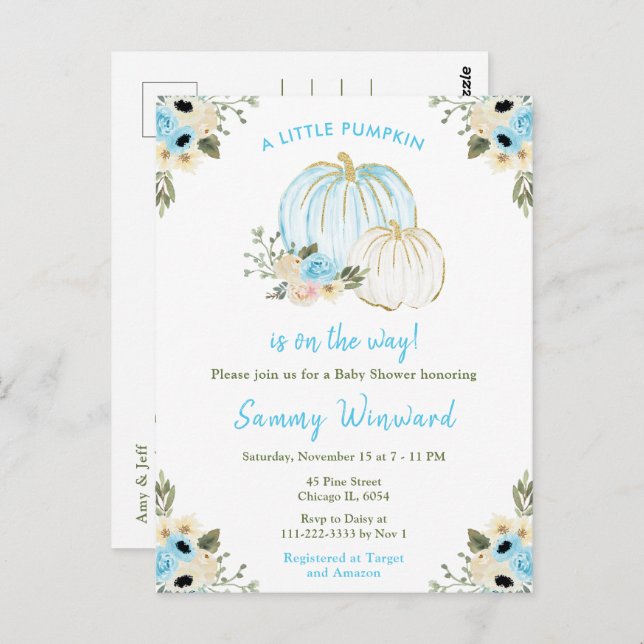 Blue and White Pumpkins Baby Shower Postcard (Front/Back)