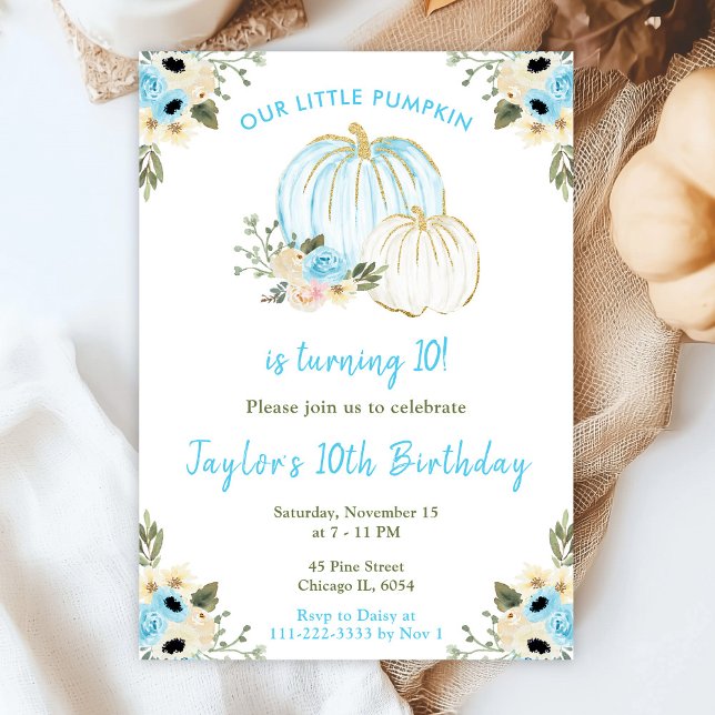 Blue and White Pumpkins Birthday Party Invitation (Creator Uploaded)