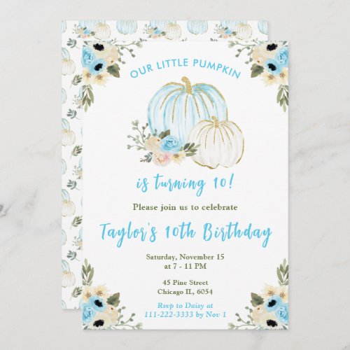 Blue and White Pumpkins Birthday Party Invitation