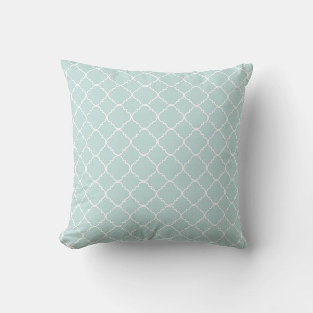 Blue and White Quatrefoil Pattern Monogram Throw Pillow (Front)