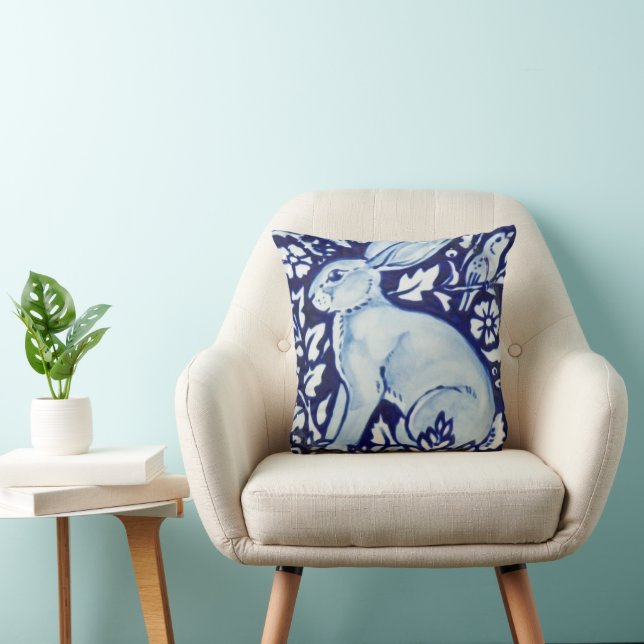 Blue and White Rabbit Accent Pillow Decor Cobalt (Chair)