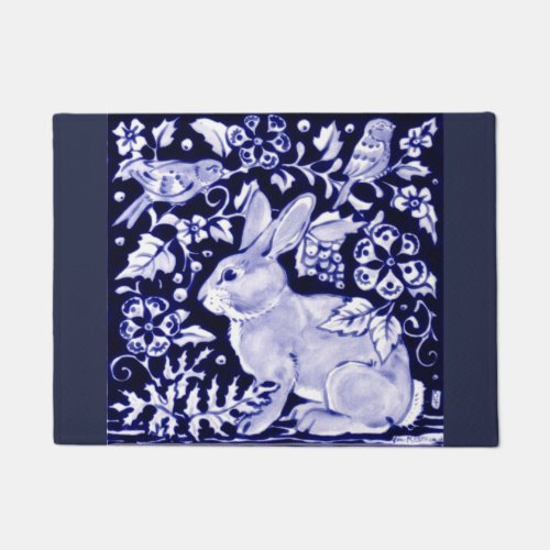 Blue and White Rabbit Bird Floral Doormat Welcome