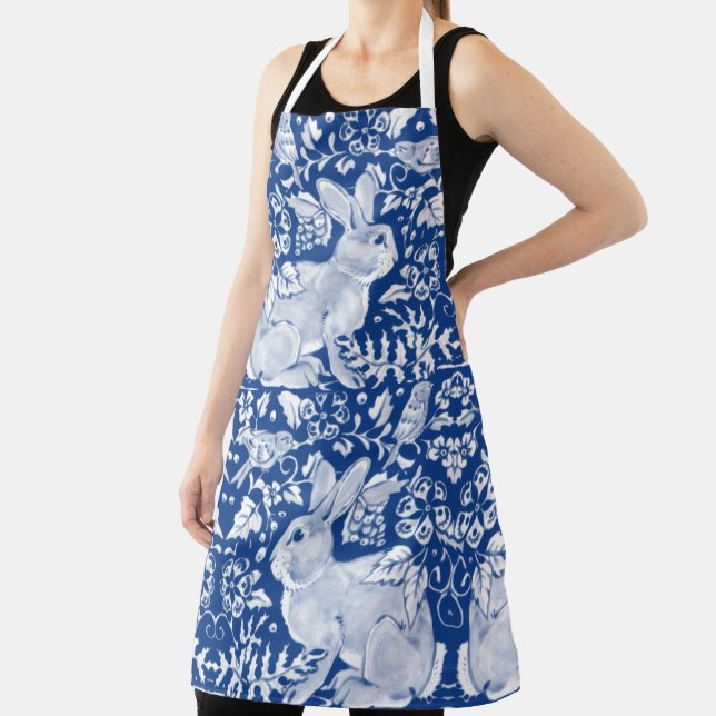 Blue and White Rabbit Birds Floral Tile Pattern Apron (Insitu)