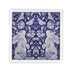 Blue and White Rabbit Bunny Birds Floral Easter Acrylic Tray
