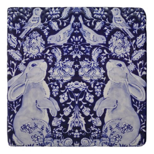 Blue and White Rabbit Bunny Birds Floral Easter Trivet