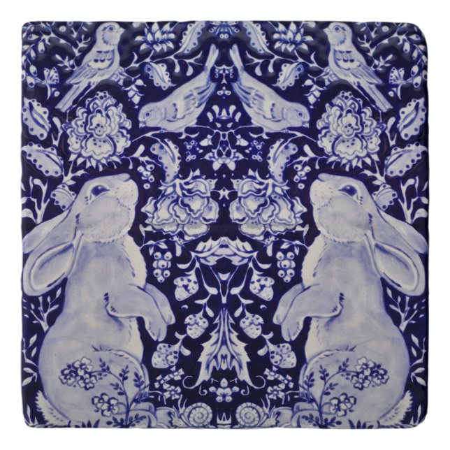Blue and White Rabbit Bunny Birds Floral Easter Trivet (Front)