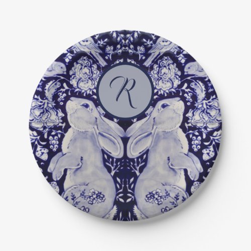 Blue and White Rabbit Bunny Birds Initial Easter Paper Plates
