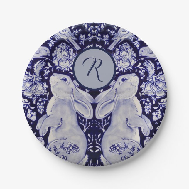 Blue and White Rabbit Bunny Birds Initial Easter Paper Plates (Front)