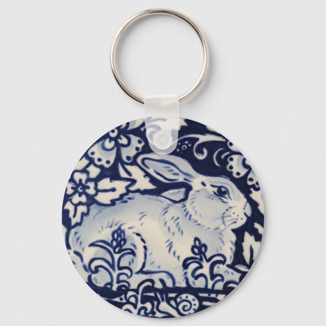 Blue and White Rabbit Bunny Floral Woodland Snail Keychain (Front)
