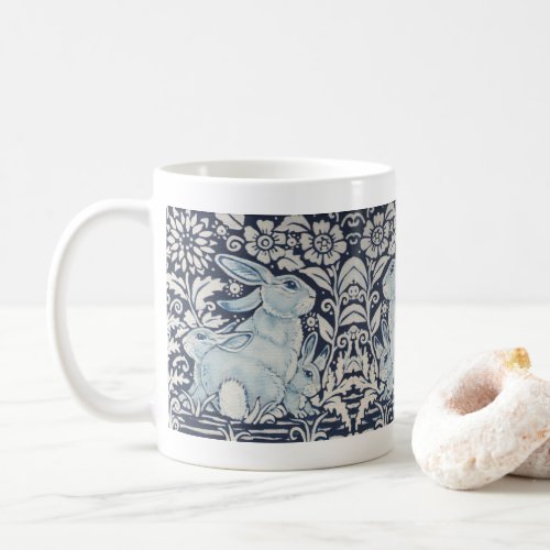 Blue and White Rabbit Family Floral Scroll Bunny Coffee Mug