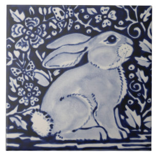 Blue and White Rabbit Floral Designer 6" Tile Art