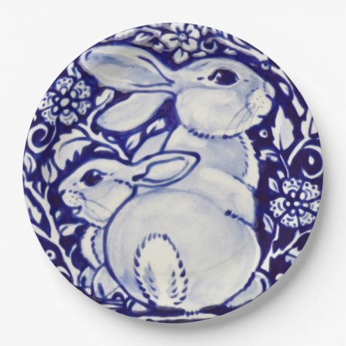 Blue and White Rabbit Floral Designer Paper Plates