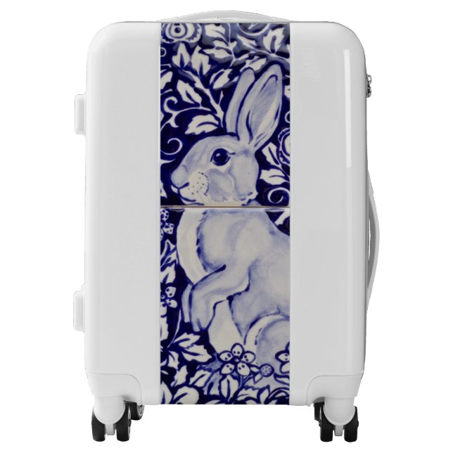 Blue and White Rabbit Floral Luggage Carry On (Front)