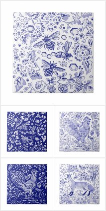 BLUE and WHITE RABBIT, FOX, ROOSTER, BEES TILES