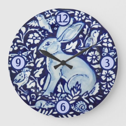 Blue and White Rabbit Hare Bird Insect Mouse Flora Large Clock