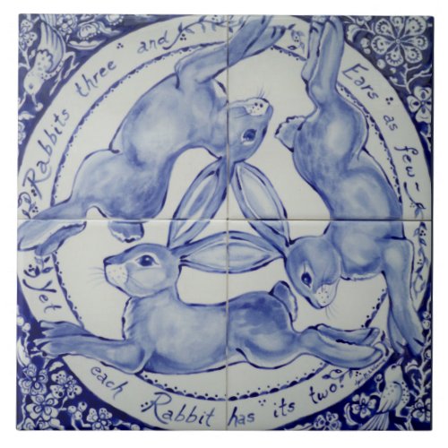 Blue and White Rabbit Hare Trio Bird Tile Trivet