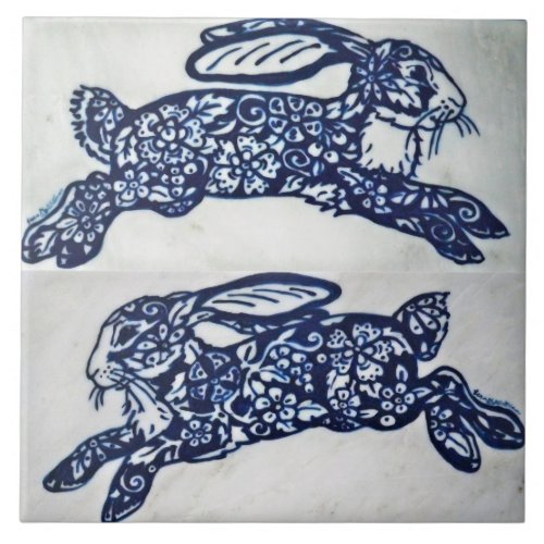 Blue and White Rabbit Marble Look Ceramic Tile