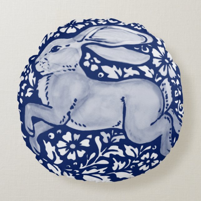 Blue and White Rabbit Pillow Indigo Cobalt Dedham (Front)