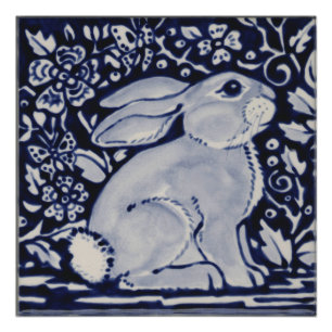 Blue and White Rabbit Poster China Dedham Tile Art