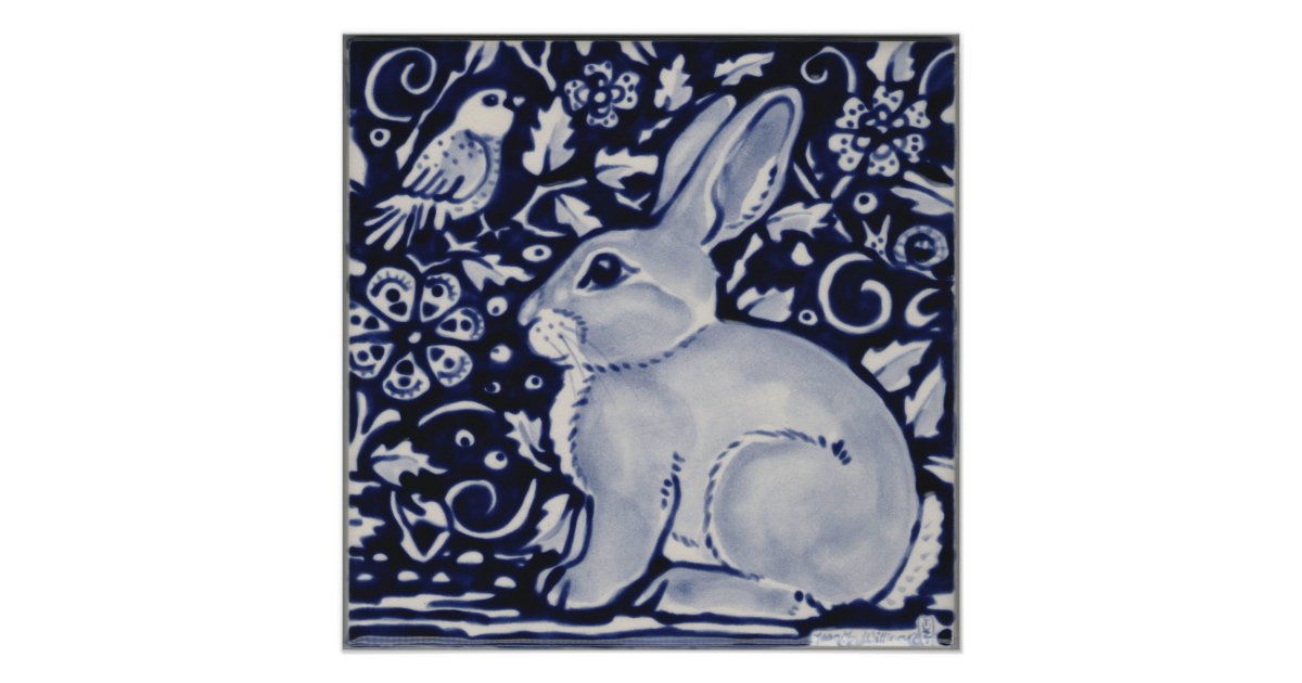 Blue and White Rabbit Poster China Dedham Tile Art | Zazzle
