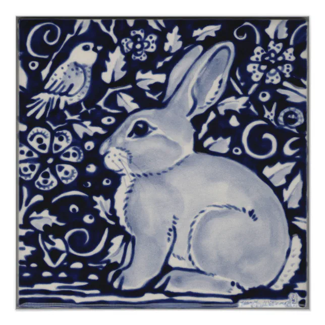 Blue and White Rabbit Poster China Dedham Tile Art | Zazzle