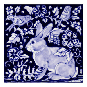 Blue and White Rabbit Poster Floral Dedham Indigo