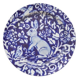 Blue and White Rabbit Pottery Look Melamine Plate