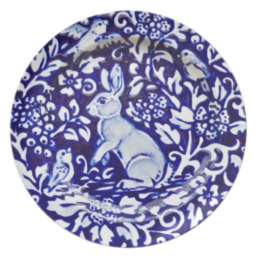 Blue and White Rabbit Pottery Look Melamine Plate (Front)