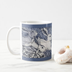 Blue and White Rabbit Tile Chinoiserie Bunny Art Coffee Mug