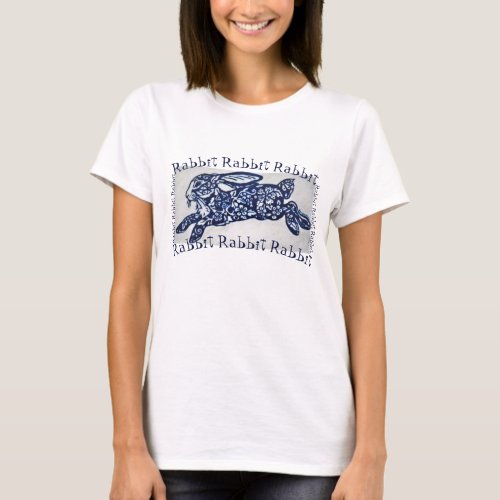 Blue and White Rabbit Typography Flowers Oriental T_Shirt