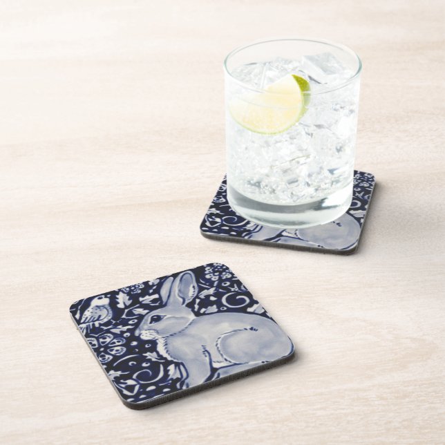 Blue and White Rabbit with Bird Tile Design Beverage Coaster (Right Side)