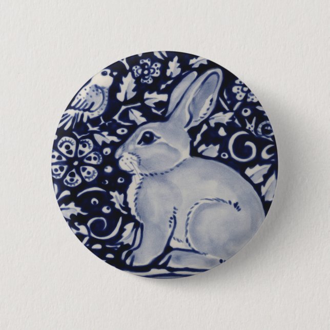 Blue and White Rabbit with Bird Tile Design Button (Front)