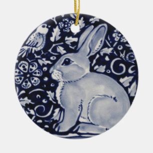 Blue and White Rabbit with Bird Tile Design Ceramic Ornament