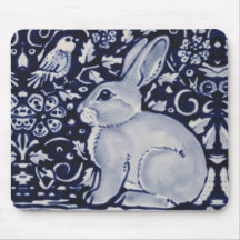 Blue and White Rabbit with Bird Tile Design Mouse
