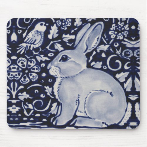 Blue and White Rabbit with Bird Tile Design Mouse  Mouse Pad
