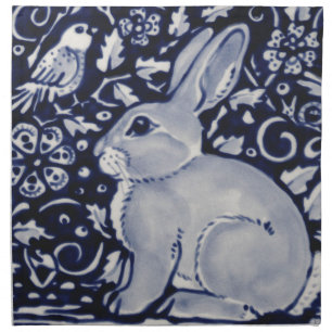 Blue and White Rabbit with Bird Tile Design Napkin
