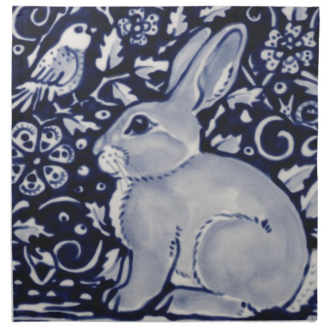 Blue and White Rabbit with Bird Tile Design Napkin (Front)