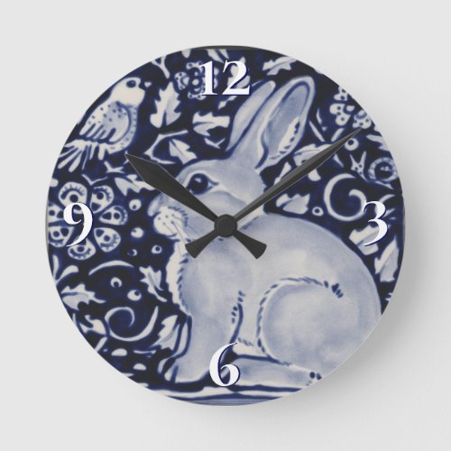 Blue and White Rabbit with Bird Tile Design Round  Round Clock