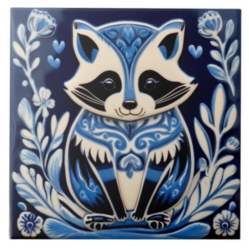 Blue and White Raccoon Folk Art Ceramic Tile