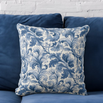 Blue And White Renaissance Acanthus Damask Throw Pillow by BridalSuite at Zazzle