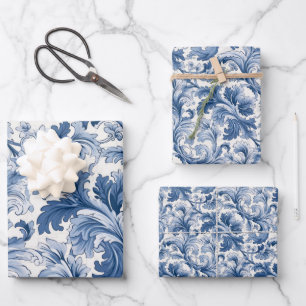 Blue and White Renaissance Acanthus Damask Wrapping Paper Sheets