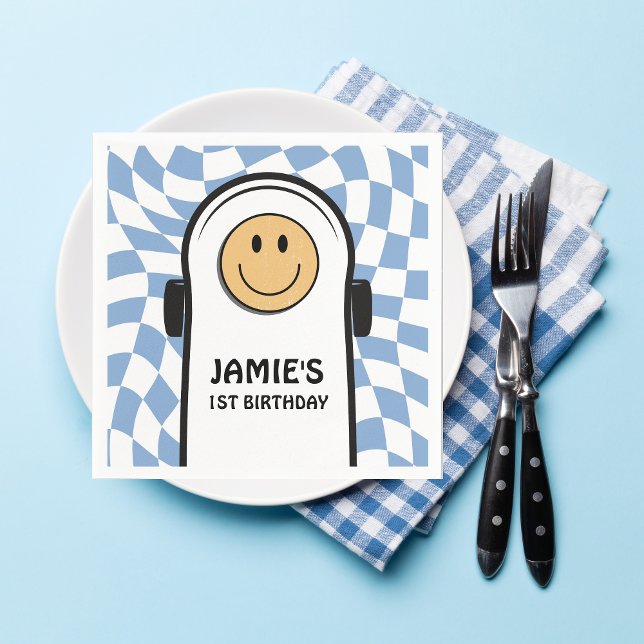 Blue and White Retro Checkered Birthday Boy Napkins (first birthday personalized napkin one cool dude skateboard)