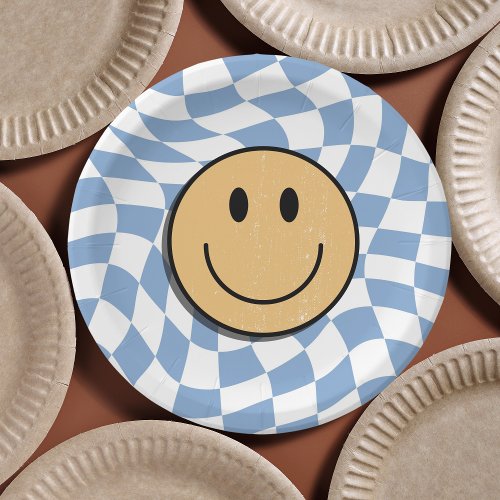 Blue and White Retro Checkered Birthday Boy Paper Plates