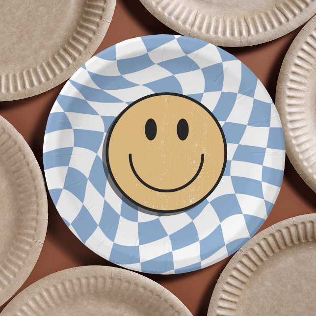 Blue and White Retro Checkered Birthday Boy Paper Plates (Retro Birthday Paper Plates)