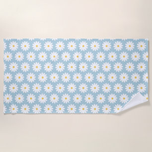 Blue and White Retro Vintage Daisy Pattern Beach Towel