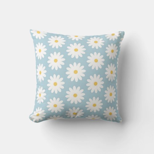 Blue and White Retro Vintage Daisy Pattern Throw Pillow