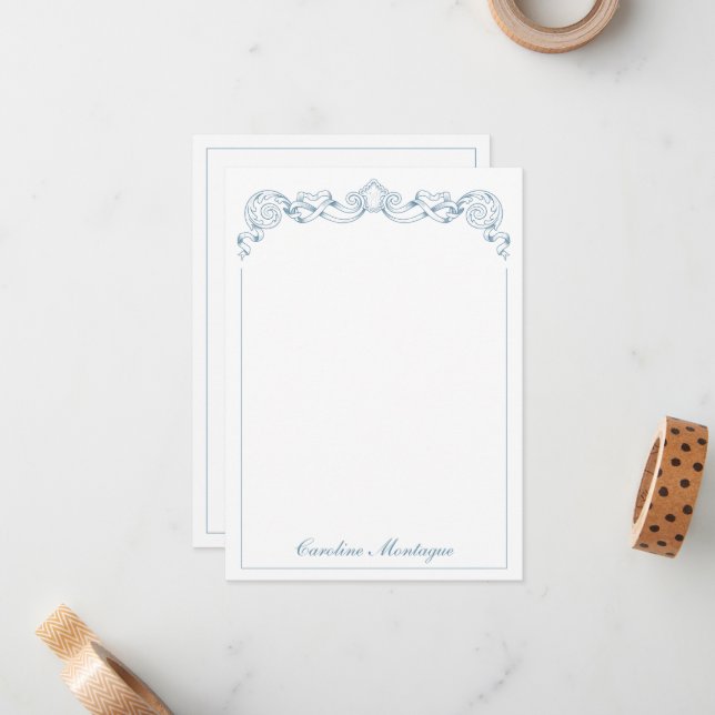 Blue and White Ribbon Crest Frame Personalized Note Card (Front/Back In Situ)